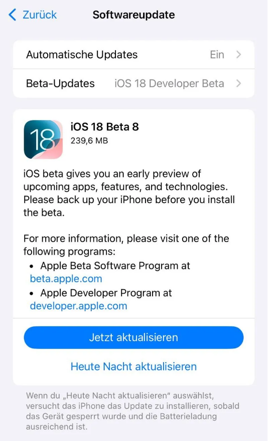 杭锦苹果手机维修分享苹果 iOS / iPadOS 18 开发者预览版 Beta 8 发布 